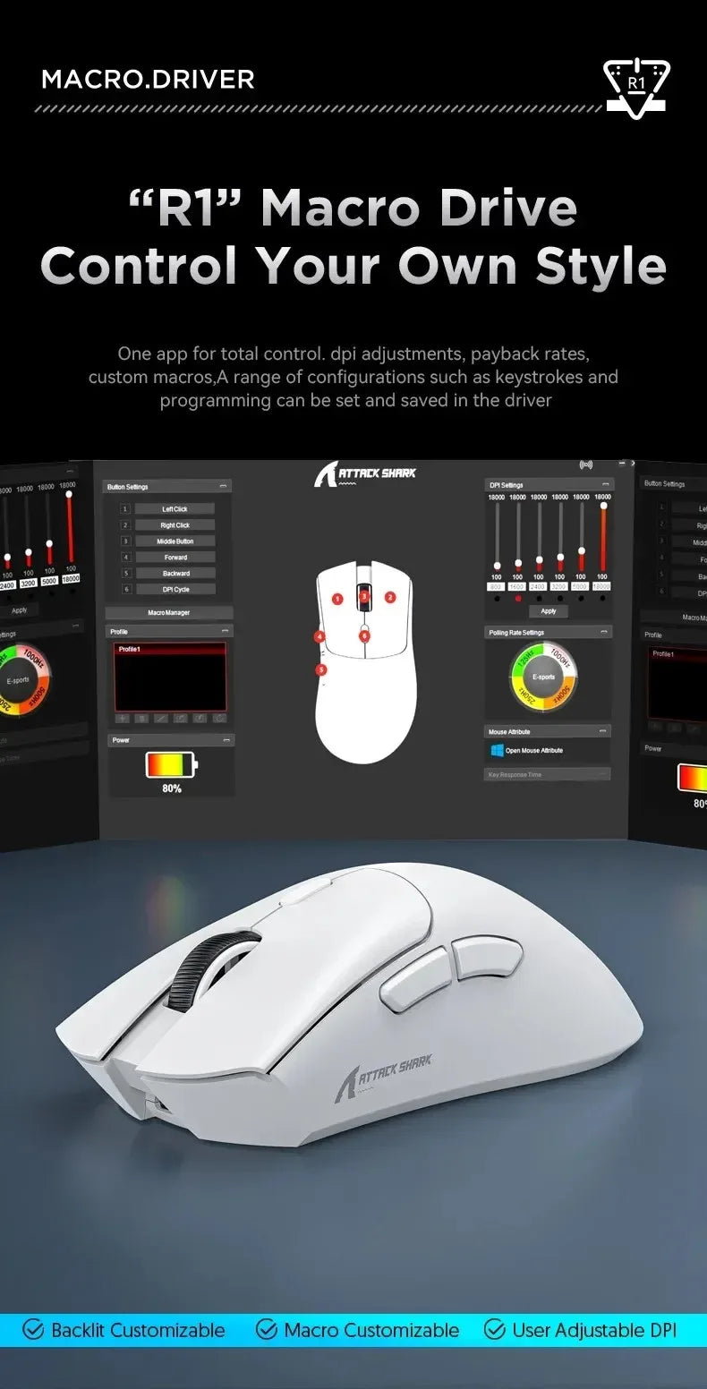 Ултралека мишка ATTACK SHARK R1 59g с PAW3311, 18000DPI, 400IPS, 40G, 1000Hz, три режима, основен чип Broadcom BK3633, 20 милиона кликвания