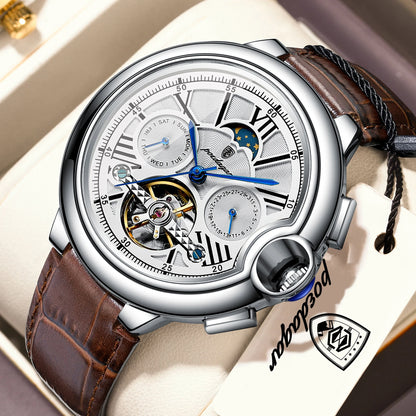 POEDAGAR luksusur til mænd – Mekanisk automatisk model med dato- og ugedagsvisning, læderrem, tourbillon, vandtæt, elegant og professionelt design.