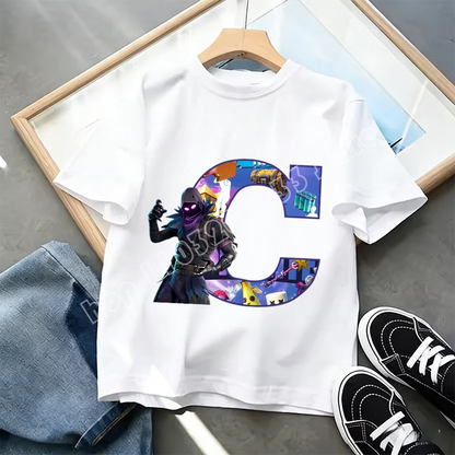 Fortnite A-Z Alphabet Print T-Shirt für Kinder, Sommer, weiß, beliebtes Cartoon-Game-Shirt, modisches Casual-Kurzarmtop, Geschenk