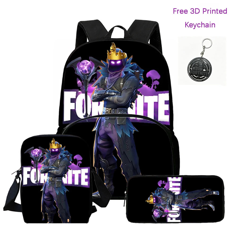 FORTNITE 3Pcs Lightweight Backpack With Front Pocket,Crossbody Bag&Pencil Case For Age 5-10 Boys Girls,Free 3D Printed Keychain