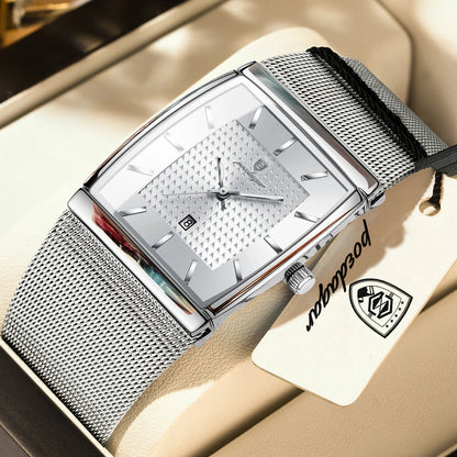 POEDAGAR men’s watch, luxury model, stainless steel mesh strap, date display, water-resistant, luminescent hands, casual style, rectangular case, quartz movement.