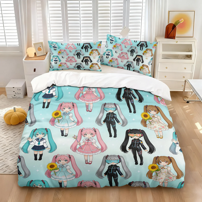 Σετ κάλυμμα παπλώματος Hatsune Miku σε στυλ Chibi – Χαριτωμένα κλινοσκεπάσματα anime με μαξιλαροθήκες – Διακόσμηση υπνοδωματίου για εφήβους και παιδιά – Δώρο για τους θαυμαστές