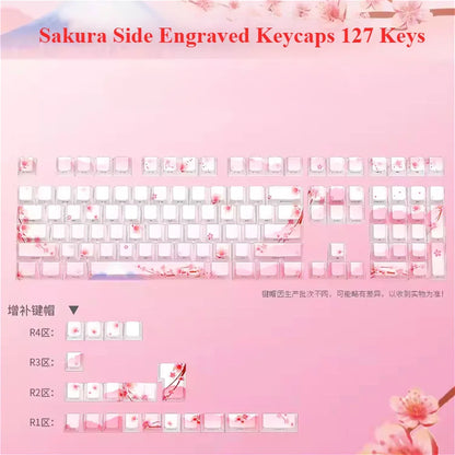 Set di keycap Sakura Pink con incisione laterale, PBT traslucido, 127 tasti, per switch MX e tastiere meccaniche 60/84/90/104/108