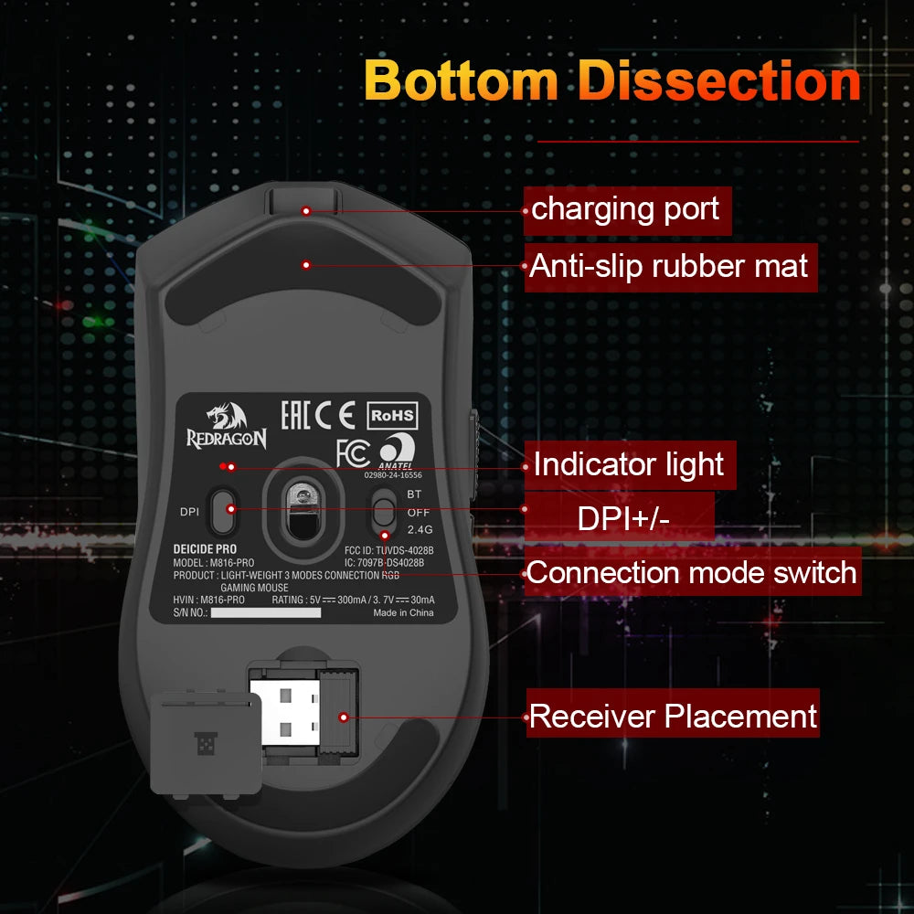 REDRAGON DEICIDE M816 PRO RGB USB Support Bluetooth 2.4G Wireless Gaming Mouse 26000 DPI 6 Buttons for Gamer Wired Mice Computer