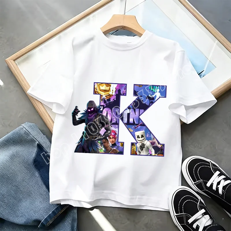 Fortnite A-Z Alphabet Print T-Shirt für Kinder, Sommer, weiß, beliebtes Cartoon-Game-Shirt, modisches Casual-Kurzarmtop, Geschenk