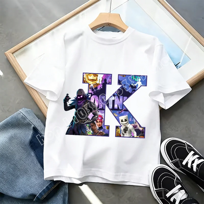 Fortnite A-Z Alphabet Print T-Shirt für Kinder, Sommer, weiß, beliebtes Cartoon-Game-Shirt, modisches Casual-Kurzarmtop, Geschenk