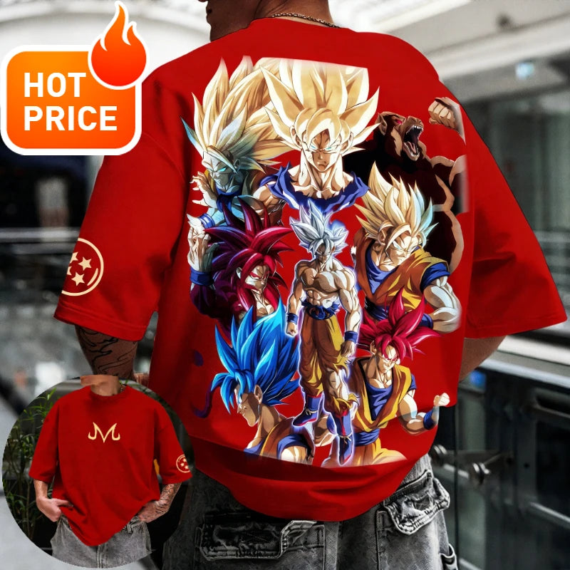 Sommer-Dragon Ball-T-shirt i 100 % bomuld med print af Goku i alle former – oversized gym- og streetwear-T-shirt i retrostil til voksne og børn