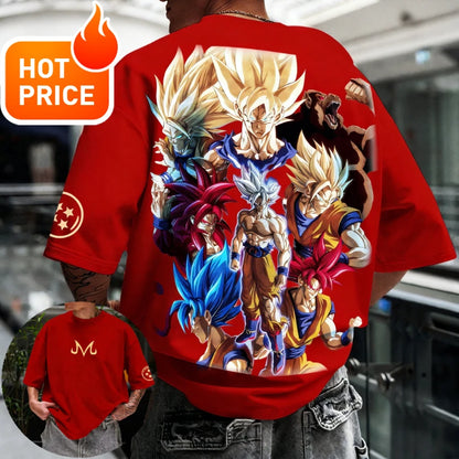 Sommer-Dragon Ball-T-shirt i 100 % bomuld med print af Goku i alle former – oversized gym- og streetwear-T-shirt i retrostil til voksne og børn