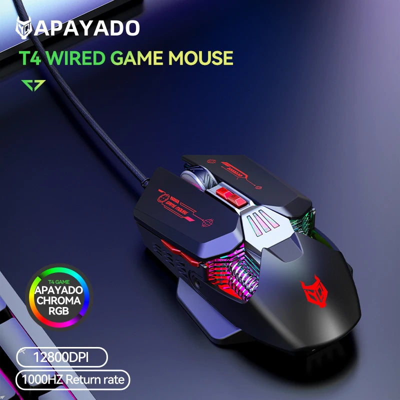 1K Hz Gaming Mouse Wired APAYADO T4 RGB Mouse with Ultra-light Cord 60IPS, 12800DPI for Laptop/Computer
