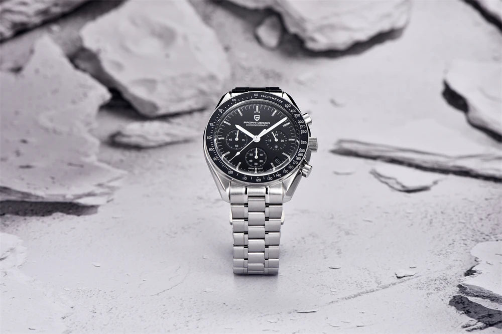 Montre pour homme PAGANI DESIGN « New Moon » – Montre à quartz de luxe, chronographe, verre saphir avec traitement antireflet, lunette en céramique, aiguilles luminescentes