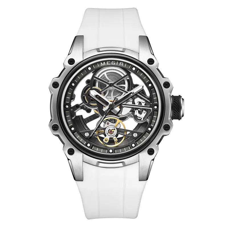 MEGIR Skeleton Dial Automatic Mechanical Watch Men Stainless Steel Case Waterproof Luminous Sport Wristwatch with Silicone Strap