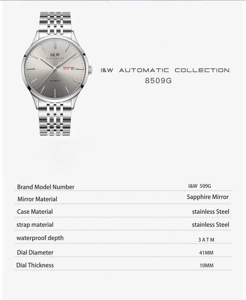 Carnival High-end Series I&W Brand Automatické mechanické hodinky Pánske vodotesné hodinky Oceľ 316L Safír Pánske hodinky na biznis