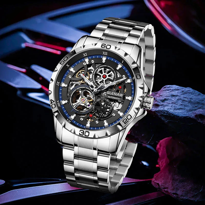 Montre-bracelet mécanique automatique pour homme GLENAW, style Steampunk avec cadran squelette, modèle de luxe, étanche, dotée d'aiguilles luminescentes et d'un bracelet en acier inoxydable.