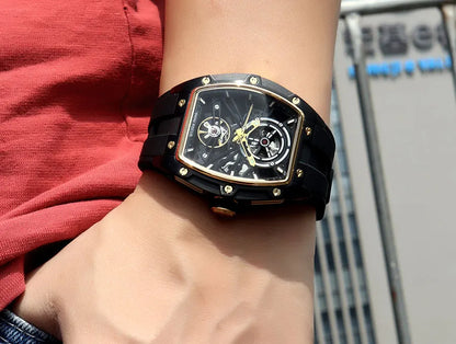 MINI FOCUS herrarmbandsur i moderiktig svart design, vattentät automatisk mekanisk klocka med självlysande visare, silikonarmband och tonneau-urtavla