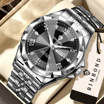 Orologio al quarzo da uomo BINBOND – Orologio da polso di lusso, luminescente e impermeabile, con indicazione del giorno della settimana e data automatica.