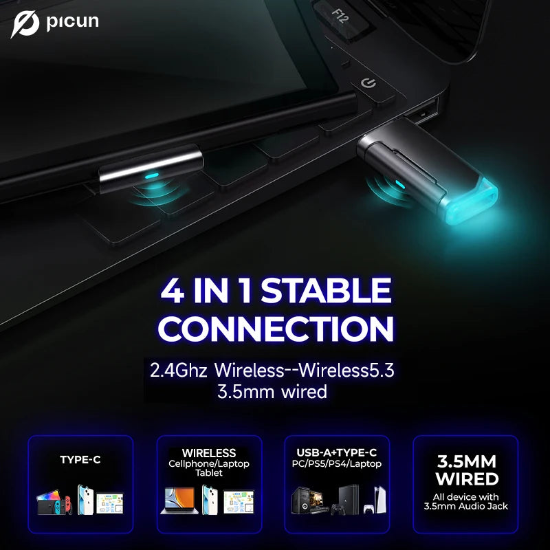 Picun G2 Wireless Gaming Headset Bluetooth 5.3, 7.1 Surround Sound Gaming Headphones, 2.4G Low Latency Wireless Gaming Headset with ENC Microphone for PC, PS5, PS4, Switch & Mobile