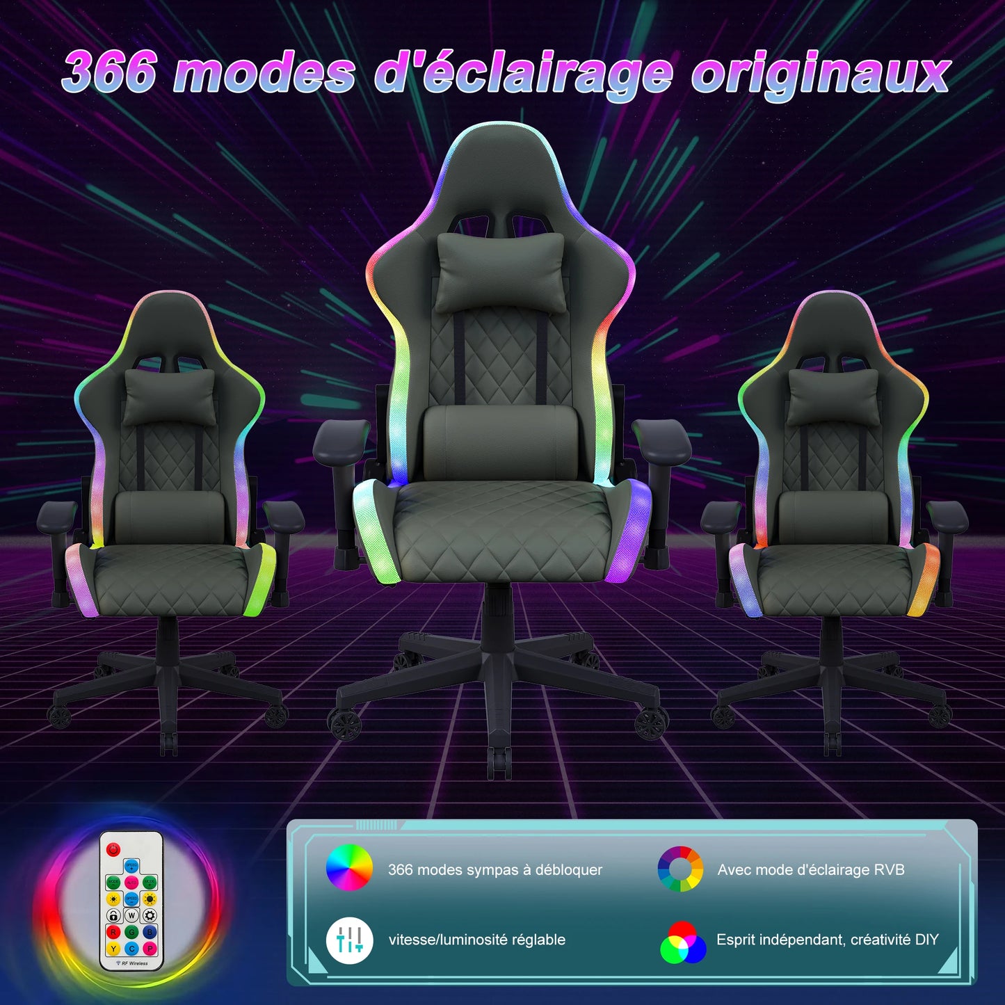 Rosahqnda Gaming Chair with Massage Function, Adjustable Backrest, Computer Chair, with Ambient Light, Lumbar Cushion, Pillow, 150 KG