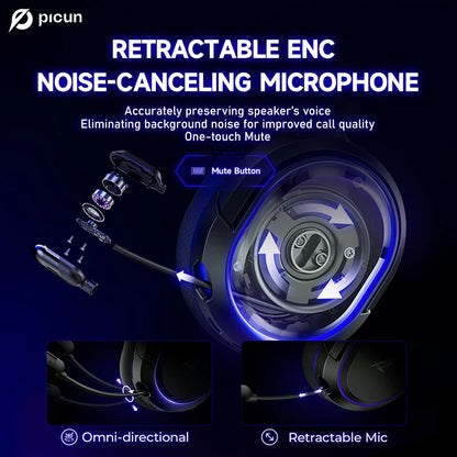 Picun G2 Wireless Gaming Headset Bluetooth 5.3, 7.1 Surround Sound Gaming Headphones, 2.4G Low Latency Wireless Gaming Headset with ENC Microphone for PC, PS5, PS4, Switch & Mobile