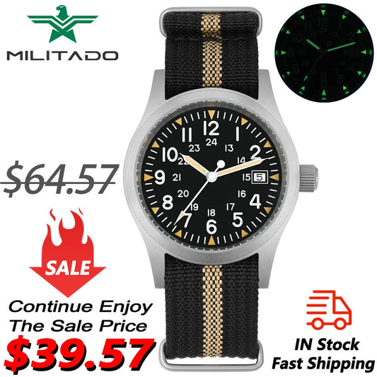 Militado ML05 Ronda 515 Movement Field Watches Domed Sapphire Crystal With High Clear AR Coating Wristwatch 38mm Vintage Watches