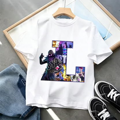 Fortnite A-Z Alphabet Print T-Shirt für Kinder, Sommer, weiß, beliebtes Cartoon-Game-Shirt, modisches Casual-Kurzarmtop, Geschenk