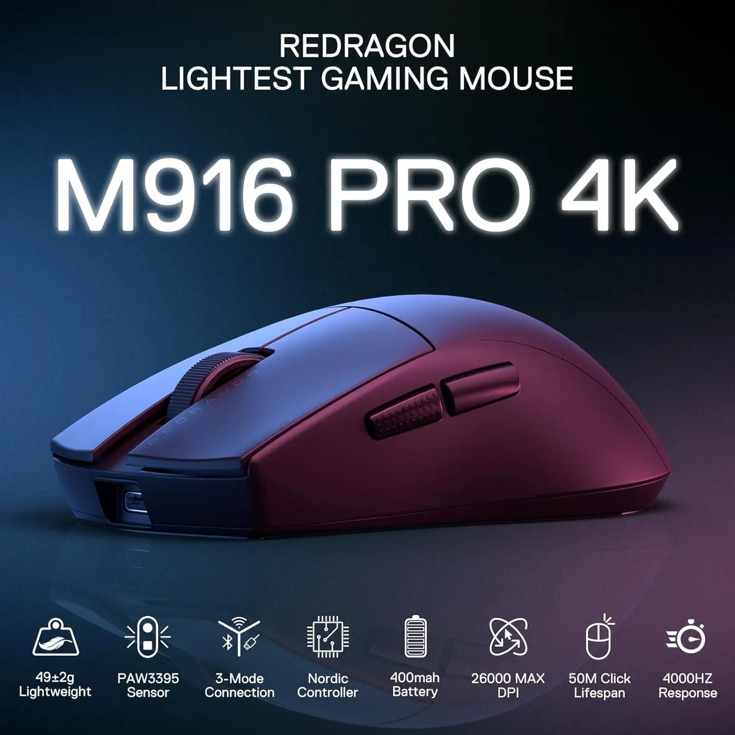Redragon M916 PRO 3-tilainen langaton pelihiiri, Hype-Speed 4K -kyselytaajuus, 49G ultrakevyt 26K DPI -pelihiiri