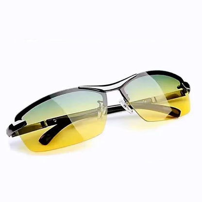 KLASSNUM Men Fashion Cycling Rimless Sunglasses Photochromic Polarized Shades Color Changing Fishing Car Driving Yellow Glasses