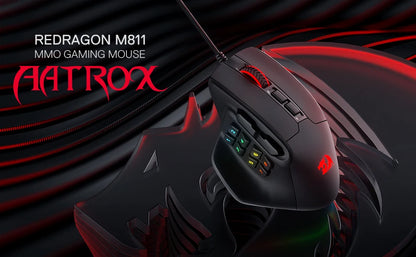 Redragon M811 Aatrox MMO -pelihiiri, 15 ohjelmoitavaa painiketta, langallinen RGB-pelihiiri ergonomisella luonnollisella otteella