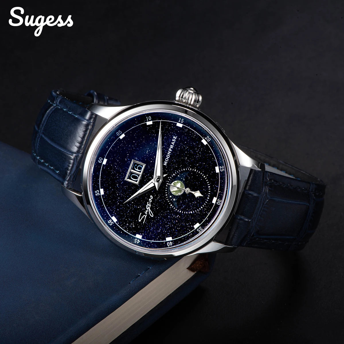 Sugess Moonphase Watch of Men 40mm Automatic Mechanical Wristwatches Origin ST2528 Movement Stainless Steel Blue Sandstone Dials