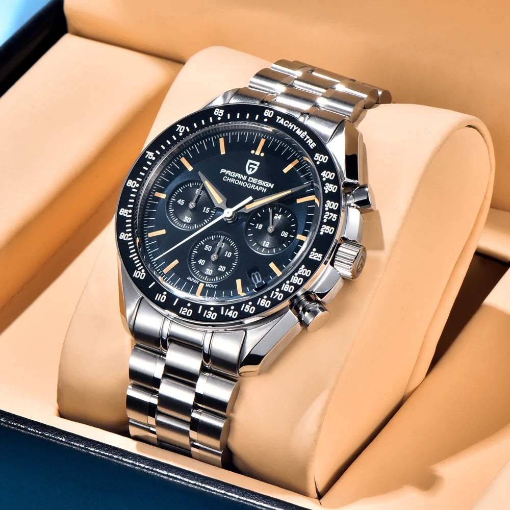 Montre pour homme PAGANI DESIGN « New Moon » – Montre à quartz de luxe, chronographe, verre saphir avec traitement antireflet, lunette en céramique, aiguilles luminescentes