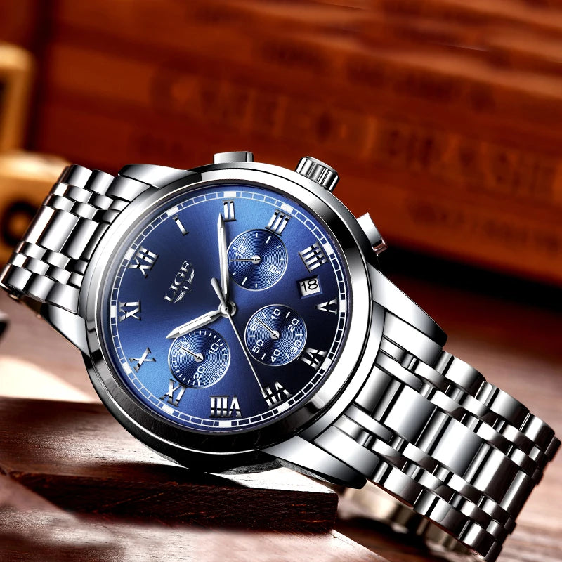 Pánské hodinky LIGE – luxusní chronograf, ležérní sportovní styl, vodotěsné, celokovové, quartzový strojek
