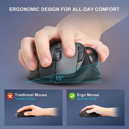 2400DPI Trackball Mouse, 2.4G & Bluetooth Rechargeable Mouse with EVA Case Bag Vertical Ergonomic Mice for Laptop iPad MacBook