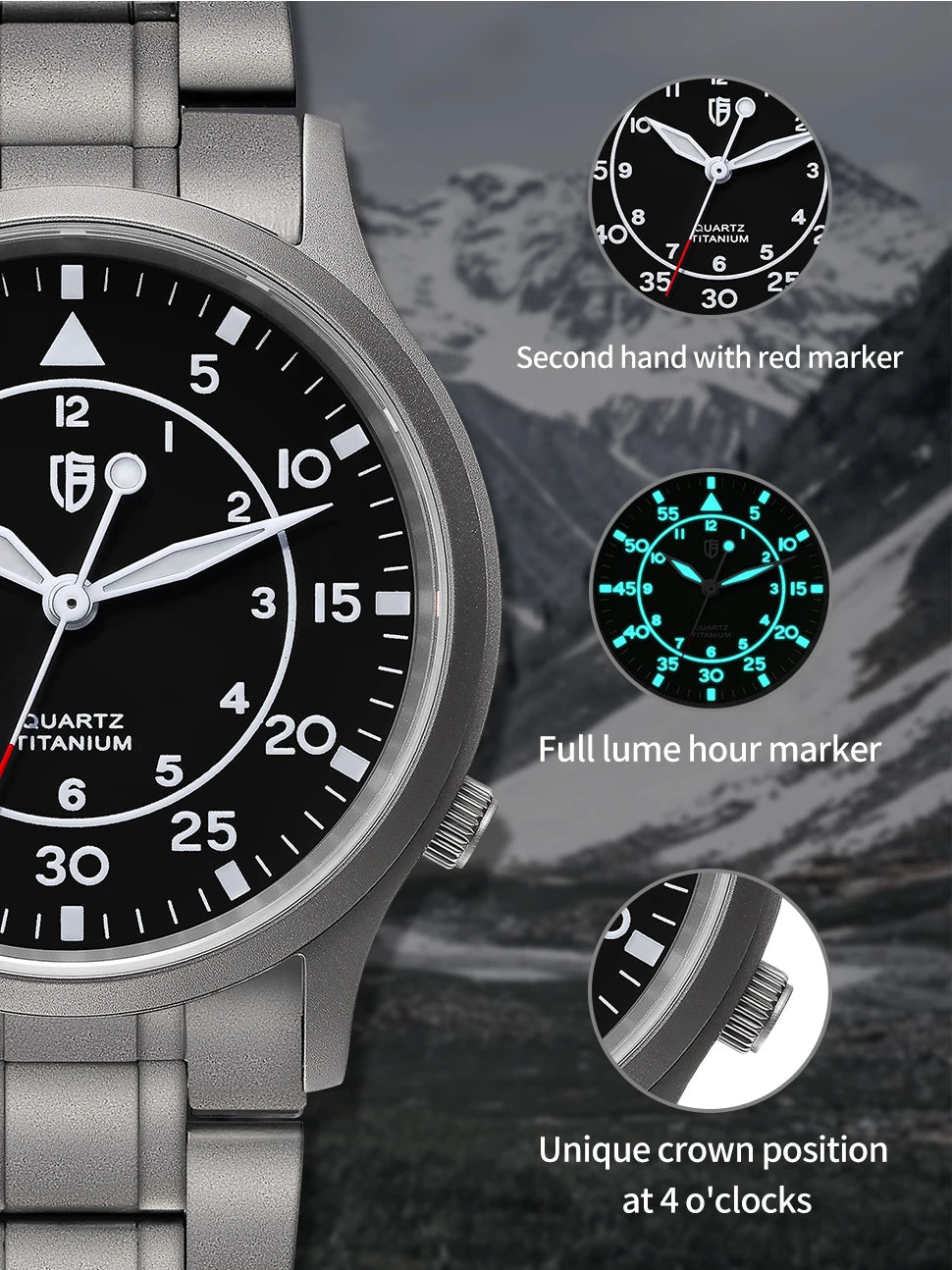 BERNY Titanium herenhorloge met kwartsmechanisme, AR-coating, saffierglas, modieus polshorloge, lichtgevend, VH31, ultradun polshorloge, waterdicht tot 5 ATM