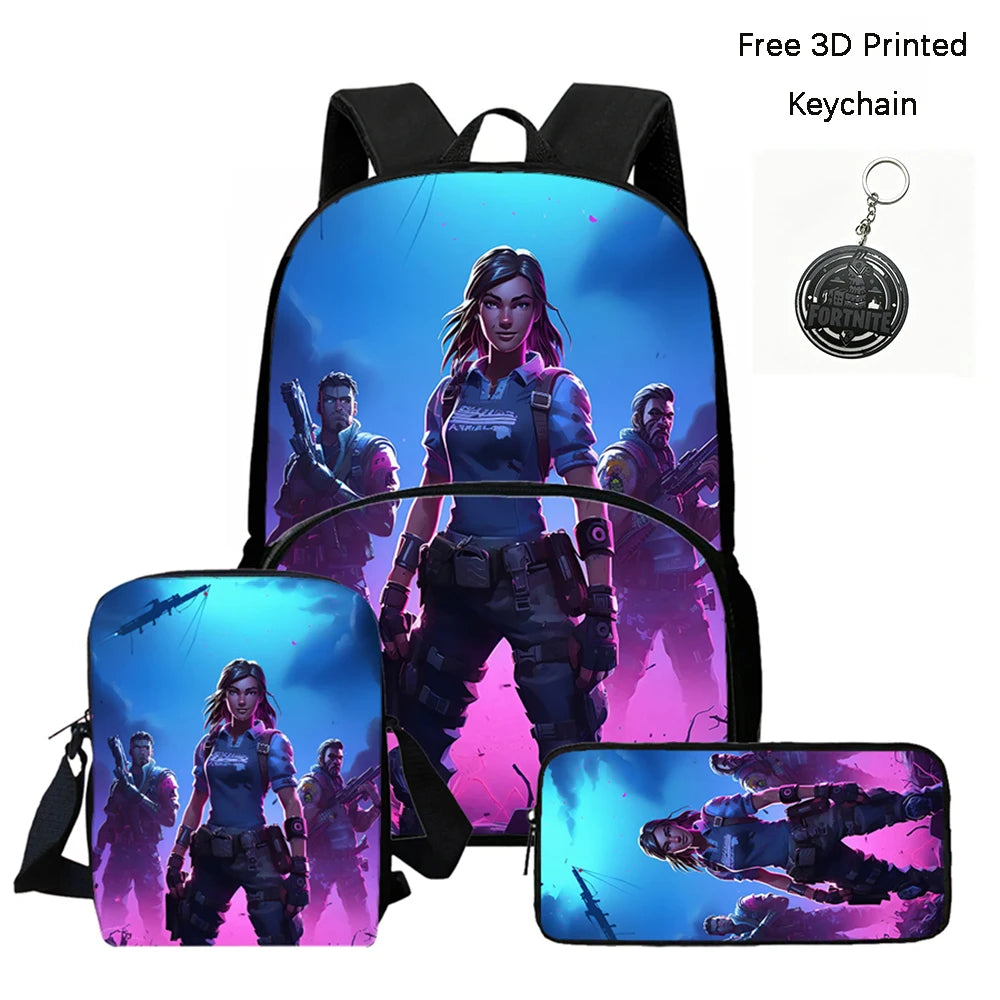 FORTNITE 3Pcs School Backpack Set,Front Pocket Bag Crossbody Pencil Case,Age5-10 Boys Girls Lightweight,Free 3D Printed Keychain
