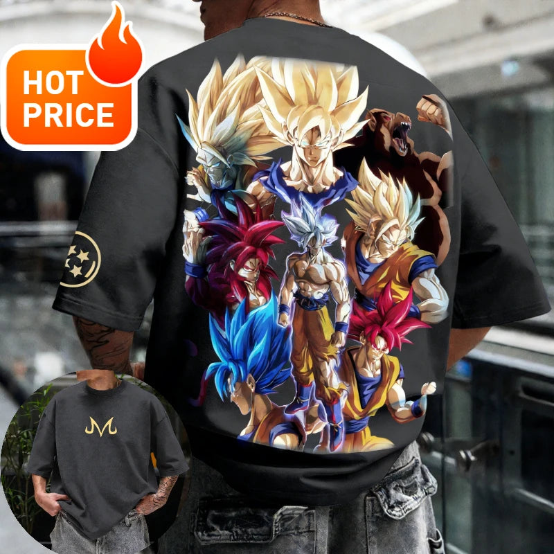 Sommer-Dragon Ball-T-shirt i 100 % bomuld med print af Goku i alle former – oversized gym- og streetwear-T-shirt i retrostil til voksne og børn