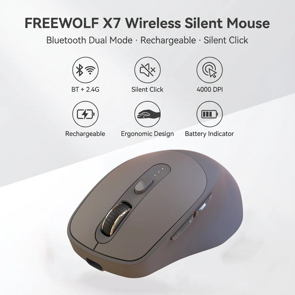 FREEWOLF X7 Wireless Mouse Bluetooth 2.4G Dual Mode Silent Rechargeable 4000 DPI Battery Indicator Ergonomic for PC Mac Laptop