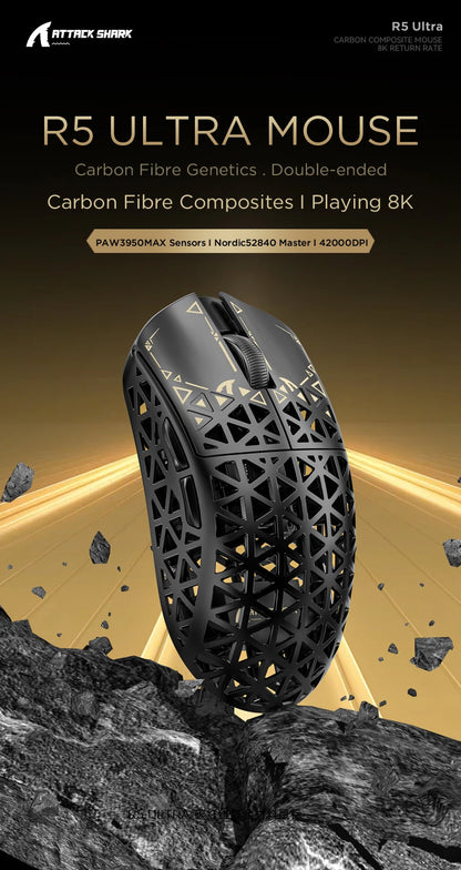 ATTACK SHARK R5 ULTRA Wireless Gaming Mouse - 8K Polling, PAW3950MAX Sensor, 42,000 DPI, Carbon Fiber Ultra-Light for Pro Esport