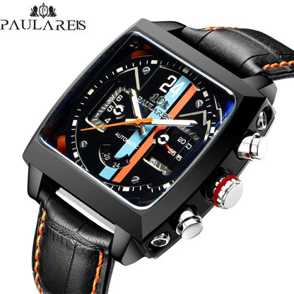 Original Brand Watches For Men Luxury Design Square Mechanical Watch Men Leather Strap Waterproof Date Week Wristwatches Male