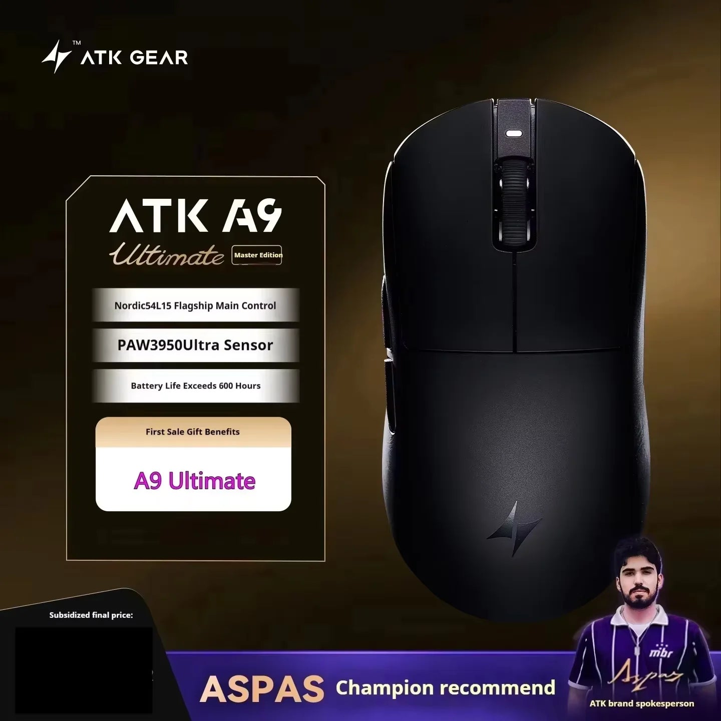 Rato Gaming Sem Fios ATK A9 com Tecnologia NearLink, Ergonómico PAW3395, Tri-Mode Bluetooth de Baixa Latência para Esports e PC