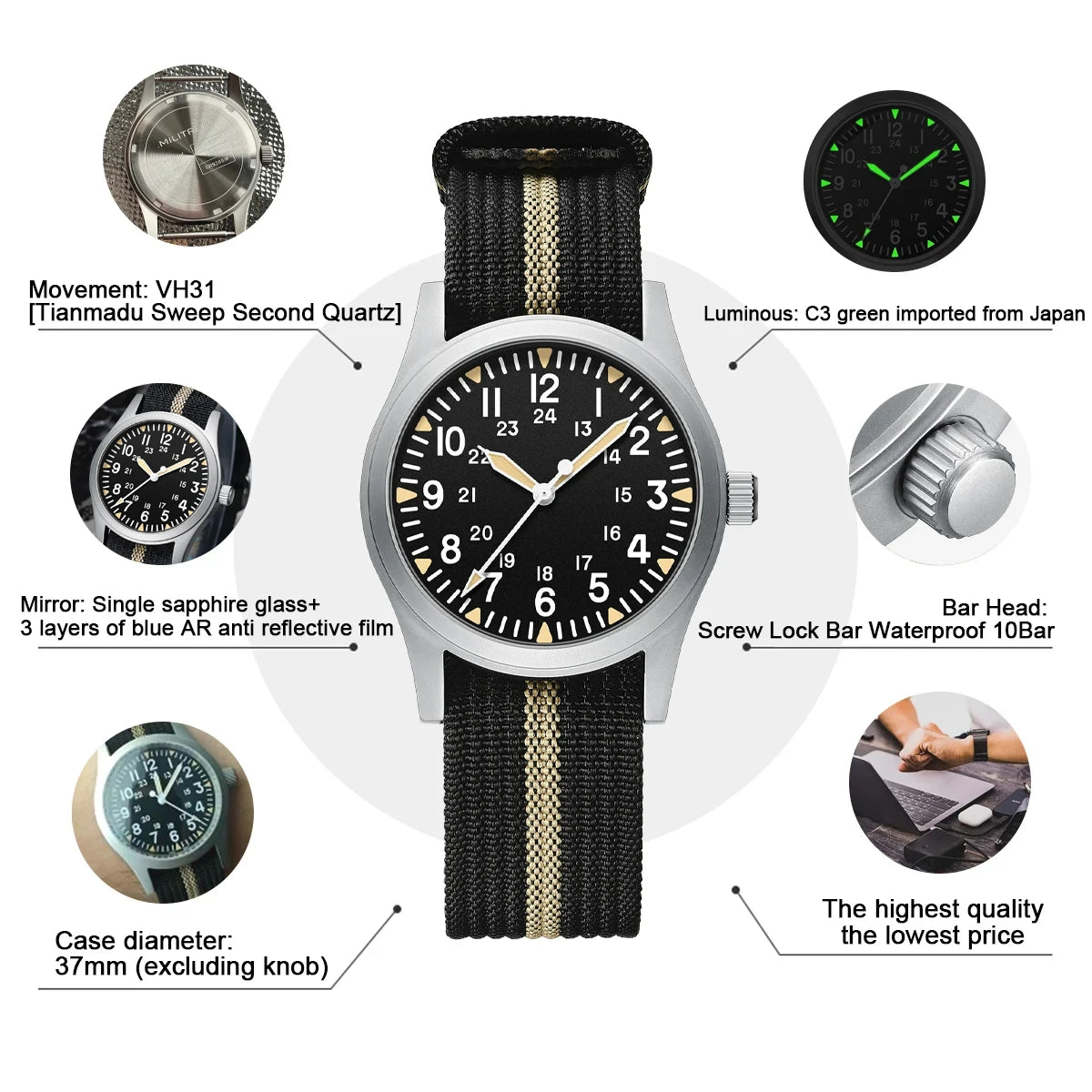MILITREK 2026 New Military Retro Men's VH31 Quartz Watch 37mm Sapphire Stainless Steel 100m Waterproof C3 Luminous Watch for Men