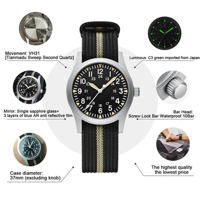 MILITREK 2026 New Military Retro Men's VH31 Quartz Watch 37mm Sapphire Stainless Steel 100m Waterproof C3 Luminous Watch for Men