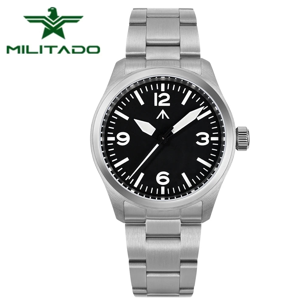 Militado ML08 V2 Vintage-Quarzuhr Military VH31-Uhrwerk Doppeltes Saphirglas C3 BGW-9 Leuchtend Wasserdicht 38mm Uhr