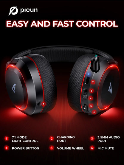 Picun G2 Wireless Gaming Headset Bluetooth 5.3, 7.1 Surround Sound Gaming Headphones, 2.4G Low Latency Wireless Gaming Headset with ENC Microphone for PC, PS5, PS4, Switch & Mobile