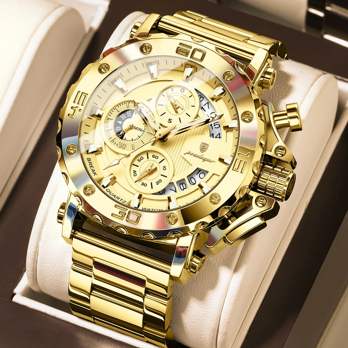 Luxusné pánske hodinky POEDAGAR, svietiace, vodotesné, chronograf, dátum, nerezová oceľ, quartz, Reloj