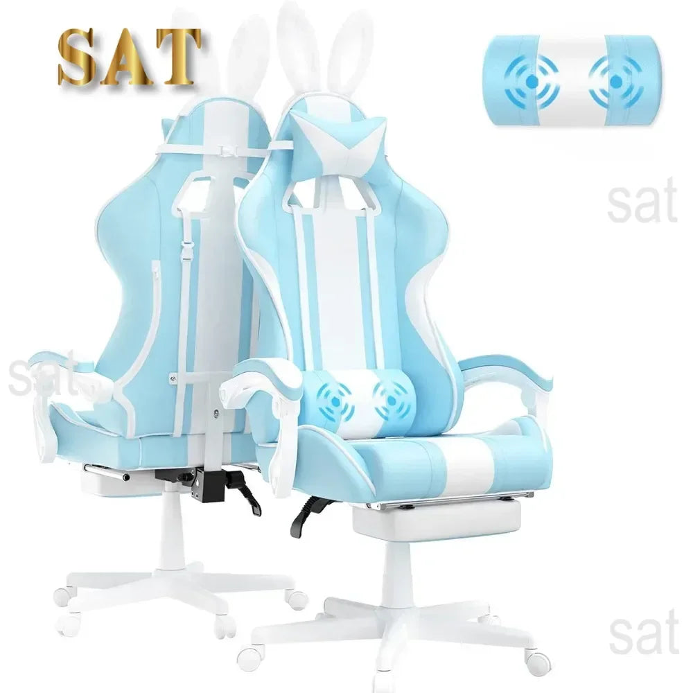 Kawaii Light Blue Gaming Chair with Bunny Ears, Ergonomic Cute Gamer Chair with Footrest, Massage Function, Reclining Racing Style Computer Chair