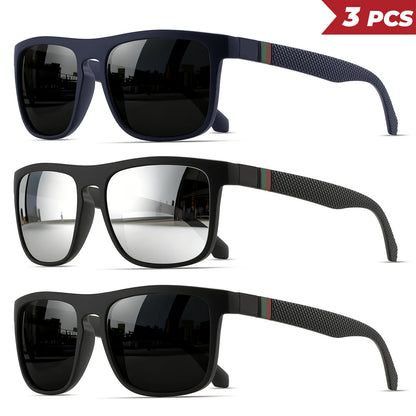 3PCS Classic Retro Polarized Square Sunglasses - Red/Green Stripe Temples, UV400 Unisex for Daily, Outdoor, Fishing & Driving