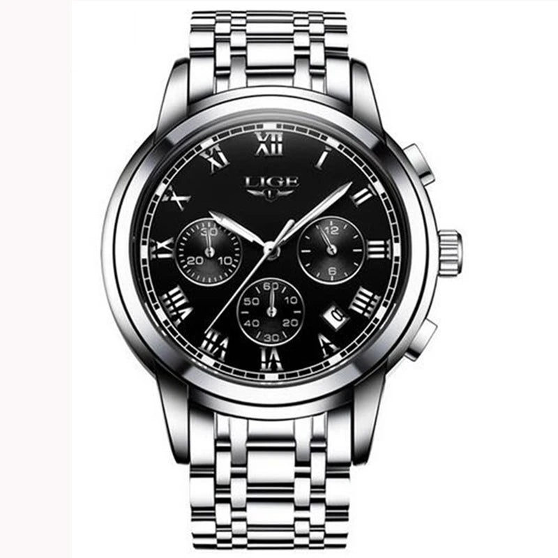 Pánské hodinky LIGE – luxusní chronograf, ležérní sportovní styl, vodotěsné, celokovové, quartzový strojek