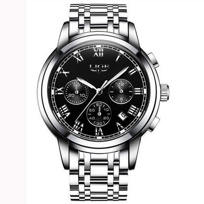 Pánské hodinky LIGE – luxusní chronograf, ležérní sportovní styl, vodotěsné, celokovové, quartzový strojek
