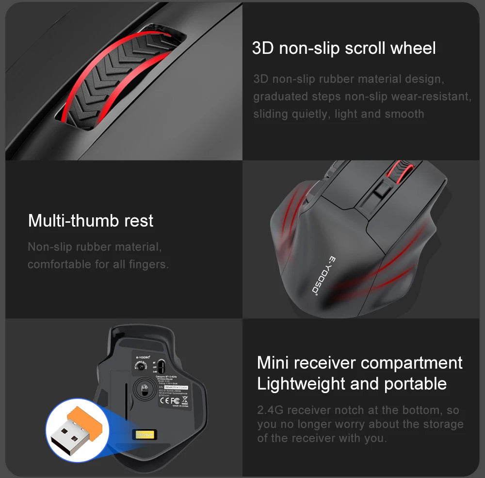 E-YOOSO X-31 Pro USB Gaming Large Mouse, Supports Bluetooth 2.4G Wireless, PAW3212 4800 DPI for Gamer Mice, Computer, Laptop, PC
