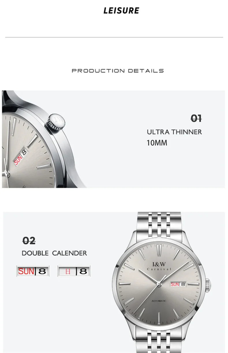 Carnival High-end Series I&W Brand Automatické mechanické hodinky Pánske vodotesné hodinky Oceľ 316L Safír Pánske hodinky na biznis