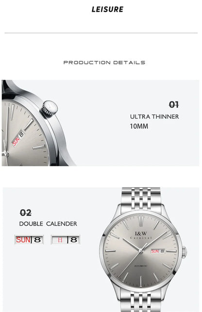 Carnival High-end Series I&W Brand Automatické mechanické hodinky Pánske vodotesné hodinky Oceľ 316L Safír Pánske hodinky na biznis